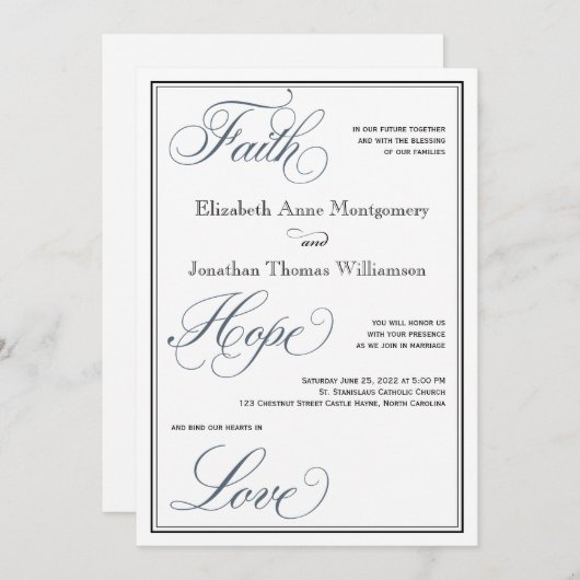 Invitation Slate Blue Faith Hope Love Script Mariage (Devant / Derrière)