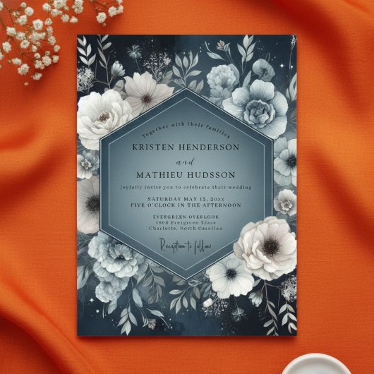 Invitation Slate Blue Floral Nightfall Wedding