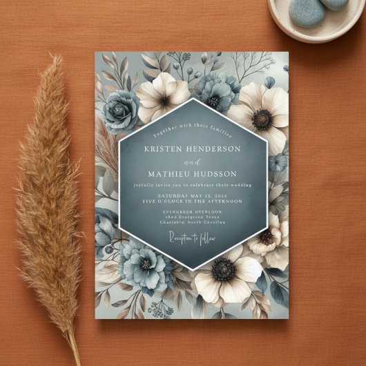 Invitation Slate Blue Floral Whimsy Wedding
