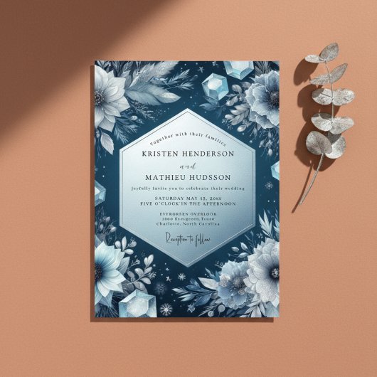 Invitation Slate Blue Frost Bloom Wedding
