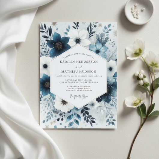 Invitation Slate Blue Frosty Flora Wedding