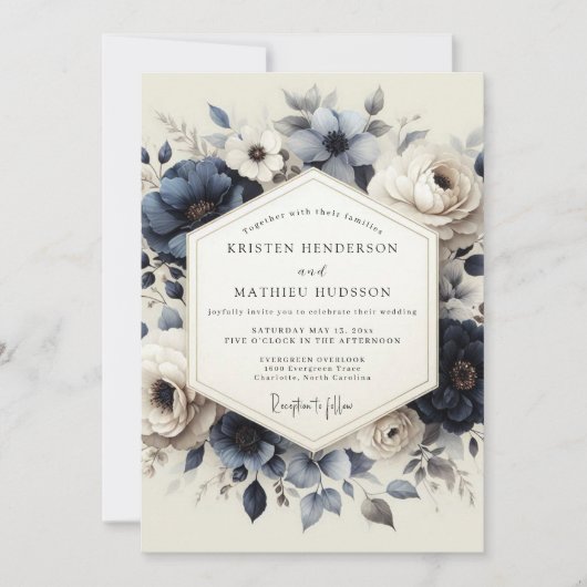 Invitation Slate Blue Heirloom Flora Wedding (Devant)