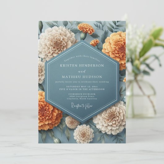 Invitation Slate Blue Marigold Bloom Wedding (Debout devant)