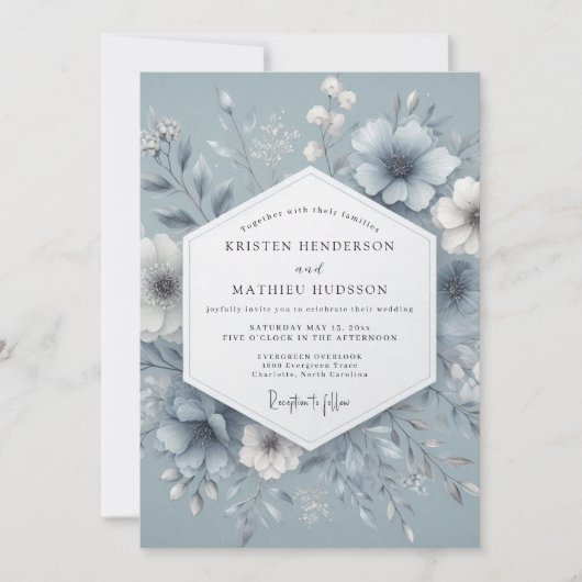 Invitation Slate Blue Misty Bloom Wedding (Devant)