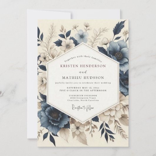 Invitation Slate Blue Muted Bloom Wedding (Devant)