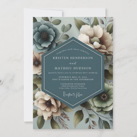Invitation Slate Blue Muted Floral Wedding (Devant)