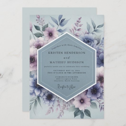 Invitation Slate Blue Mystical Bloom Wedding (Devant / Derrière)