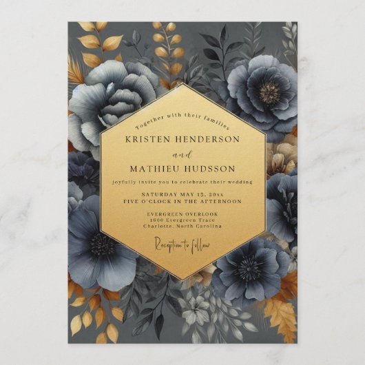 Invitation Slate Blue Nocturne Bloom Wedding (Devant)