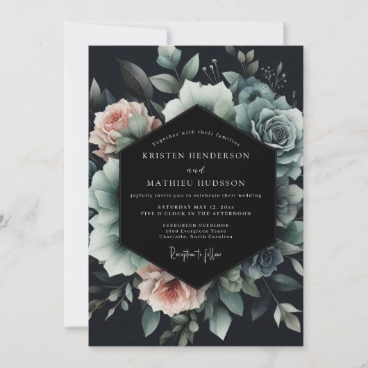 Invitation Slate Blue Noir Bloom Wedding (Devant)