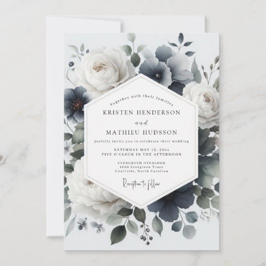Invitation Slate Blue Painterly Flora Wedding (Devant)