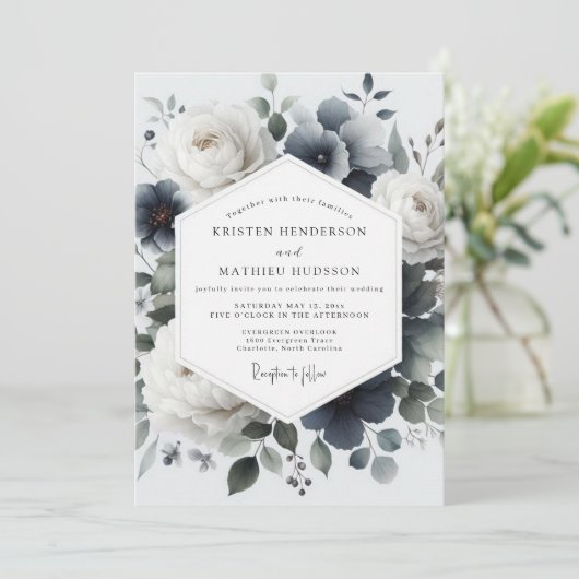 Invitation Slate Blue Painterly Flora Wedding (Debout devant)