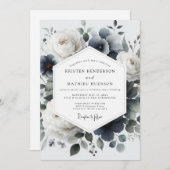 Invitation Slate Blue Painterly Flora Wedding (Devant / Derrière)