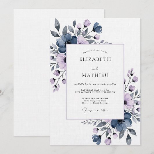 Invitation Slate Blue Painterly Flora Wedding (Devant / Derrière)