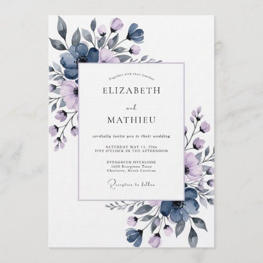 Invitation Slate Blue Painterly Flora Wedding (Devant)