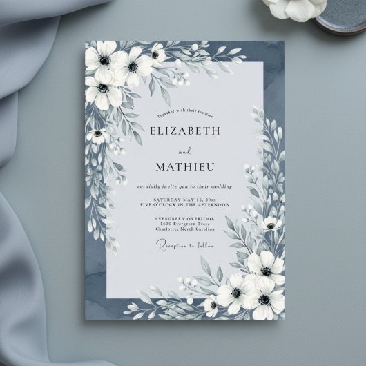 Invitation Slate Blue Painterly Floral Wedding