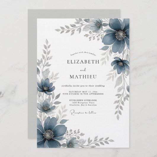 Invitation Slate Blue Painterly Romance Wedding (Devant / Derrière)