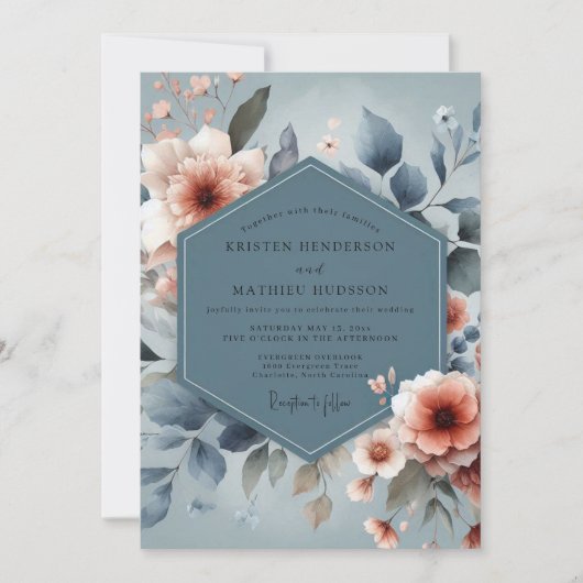 Invitation Slate Blue Peach Dreamy Wedding (Devant)