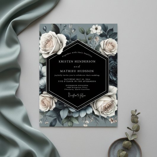 Invitation Slate Blue Rose Opulence Wedding