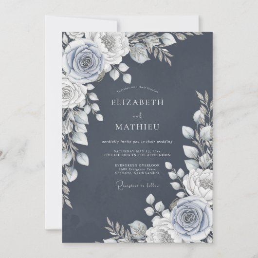 Invitation Slate Blue Rose Romance Wedding (Devant)