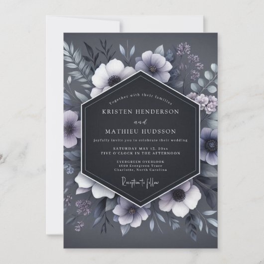Invitation Slate Blue Shadowy Flora Wedding (Devant)