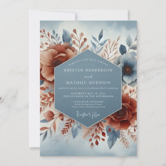 Invitation Slate Blue Terracotta Bloom Wedding (Devant)