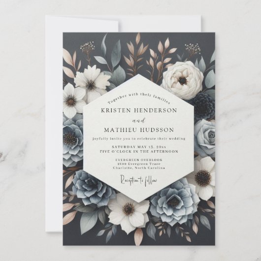 Invitation Slate Blue Twilight Bloom Wedding (Devant)