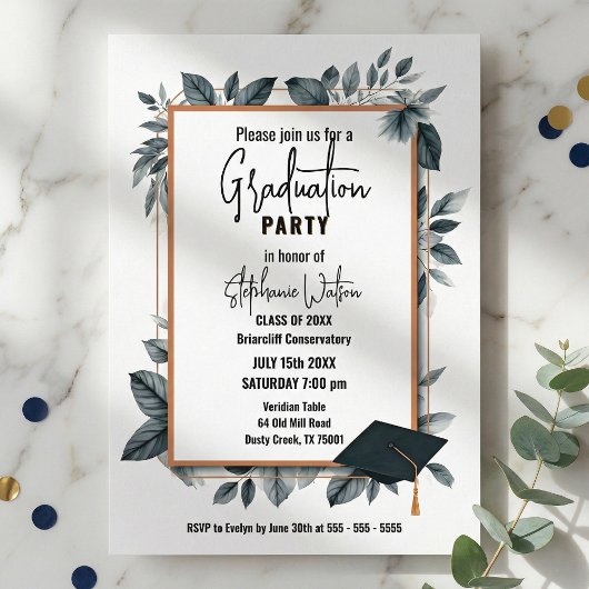 Invitation Slate Blue Watercolor Leaves Geometric Graduation