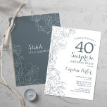 Invitation Slate Blue White Surprise 40e fête d'anniversaire<br><div class="desc">Bleu ardoise blanc Surprise Invitation de fête d'anniversaire 40e. Design moderne minimaliste avec accents botaniques et police de script de typographie. Carte invitation florale parfaite pour une célébration anniversaire surprise femme élégante. Peut être customisé à n'importe quel âge.</div>