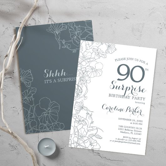 Invitation Slate Blue White Surprise 90e anniversaire