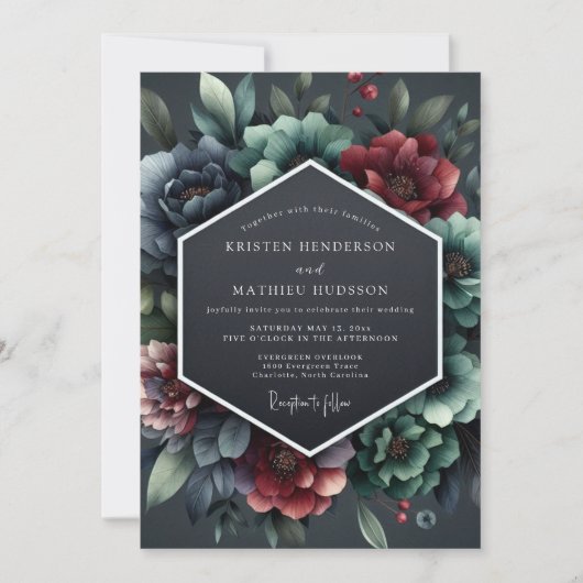 Invitation Slate Burgundy Baroque Bloom Wedding (Devant)