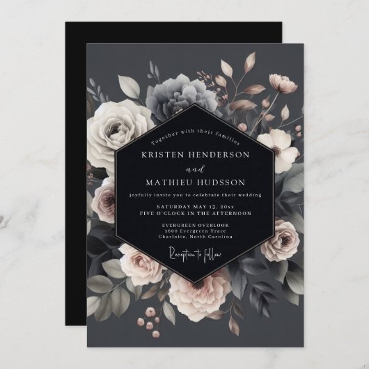 Invitation Slate Dramatic Flora Wedding (Devant / Derrière)