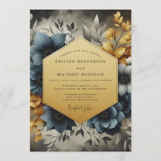 Invitation Slate & Gold Painterly Bloom Wedding (Devant)