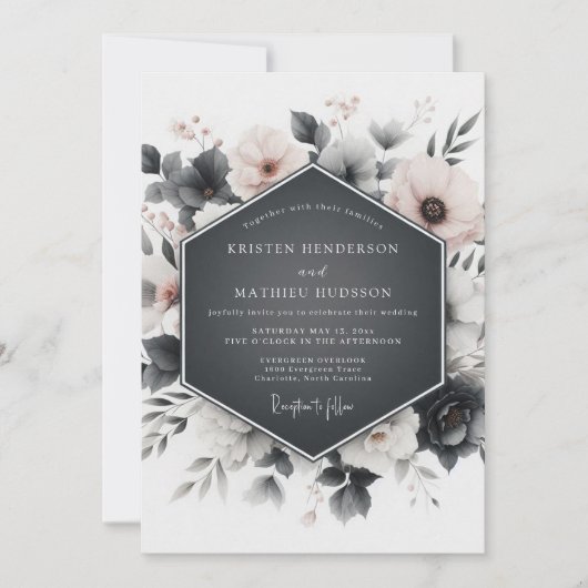 Invitation Slate Grey Floral Elegance Wedding (Devant)