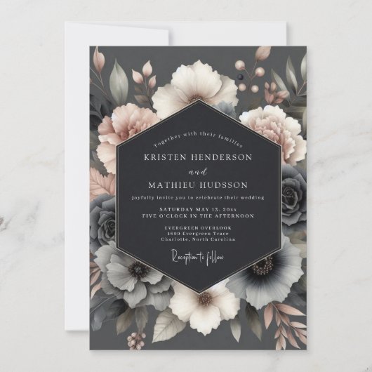 Invitation Slate Rose Somber Bloom Wedding (Devant)