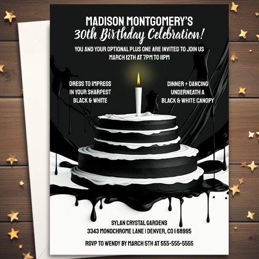Invitation Sleek Cake Black and White Thème Anniversaire