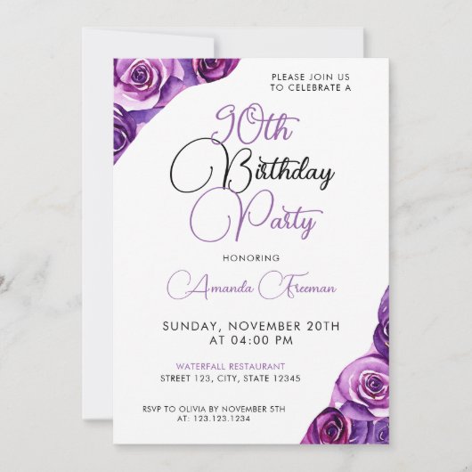 Invitation Sleek Purple Rose 90e anniversaire (Devant)