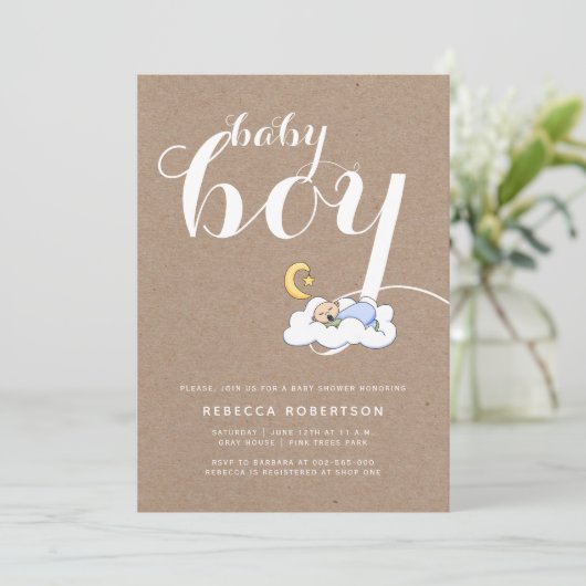 Invitation Sleeping bébé garçon douche kraft papier typograph (Debout devant)