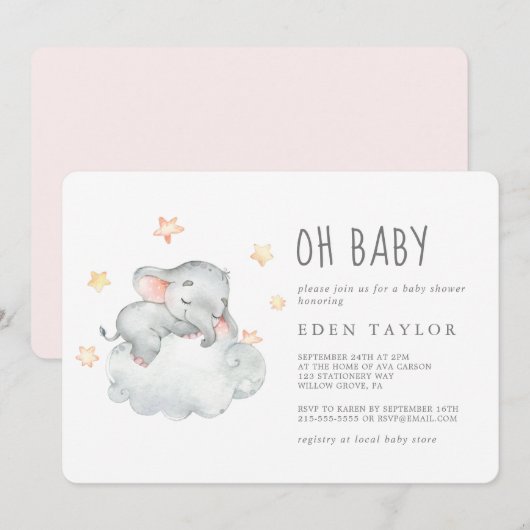Invitation Sleeping Little Elephant Girl Oh Baby shower (Devant / Derrière)