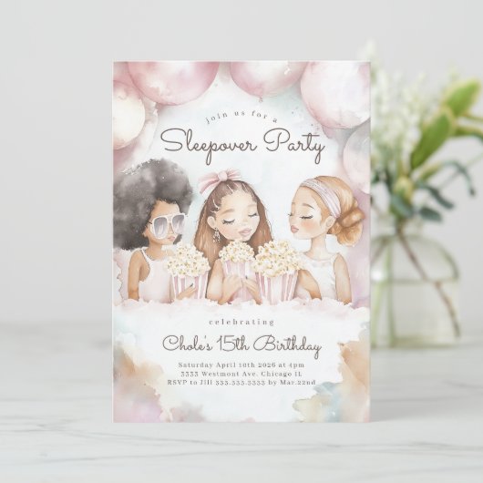 Invitation Sleepover Anniversaire Soirée cinéma Fille anniver (Debout devant)