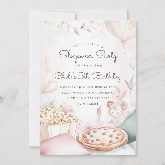 Invitation Sleepover Anniversaire Soirée cinéma Fille anniver (Devant)