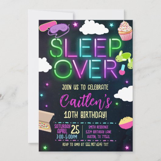 Invitation Sleepover Birthday Neon Slumber Party (Devant)
