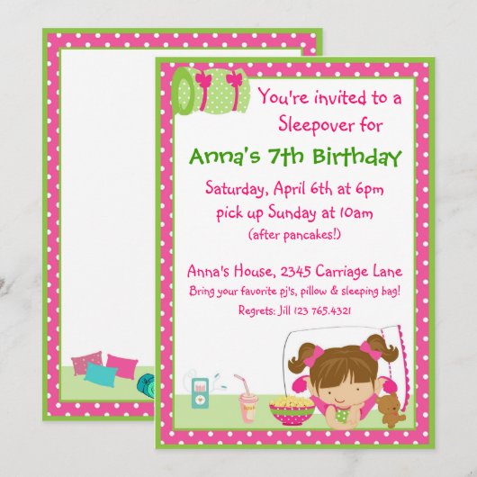Invitation Sleepover Brunett (Devant / Derrière)