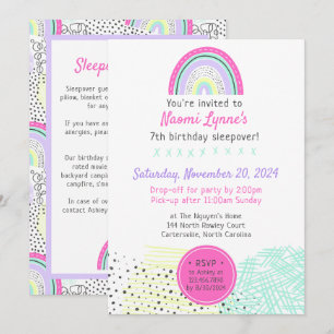 Invitation Sleepover d'anniversaire de la fille Rainbow 90 Pa