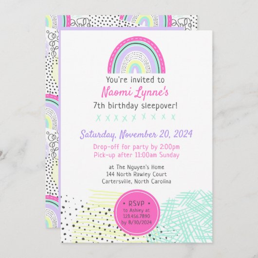 Invitation Sleepover d'anniversaire de la fille Rainbow 90 Pa (Devant / Derrière)