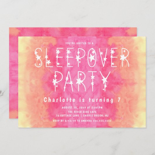 Invitation Sleepover étoilé de filles d'aquarelle rose orange (Devant / Derrière)