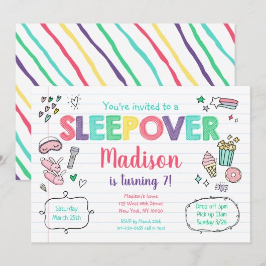 Invitation Sleepover Fête de bois Rainbow Girl Anniversaire (Devant / Derrière)