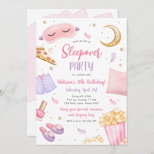 Invitation Sleepover Fille Spa rose Anniversaire Inv (Devant / Derrière)