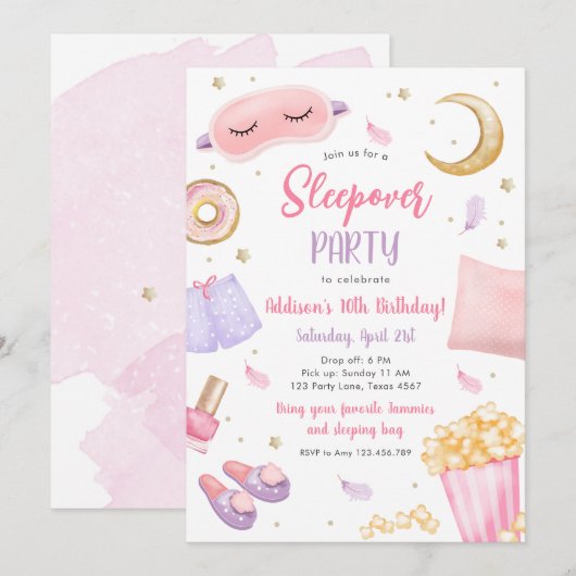 Invitation Sleepover Fille Spa rose Anniversaire Inv (Devant / Derrière)