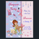 Invitation Sleepover Friends Stwood Anniversaire<br><div class="desc">Festive joli coeur motif sur bleu clair/lavande. Il y a des touches de poutres douces, des arcs imprimés roses et des garnitures en dentelle. Trois petites filles sont en vedette en pyjama et prêtes à faire la fête. Customisez le texte à l'avant et à l'arrière de cette adorable invitation de...</div>