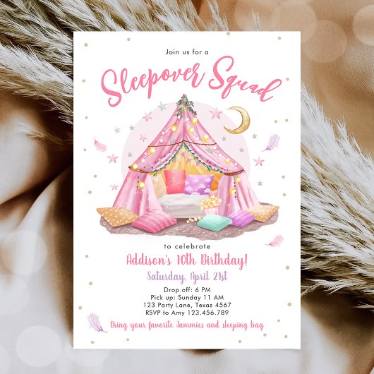 Invitation Sleepover Squad Fête de bois Fille Tente Anniversa